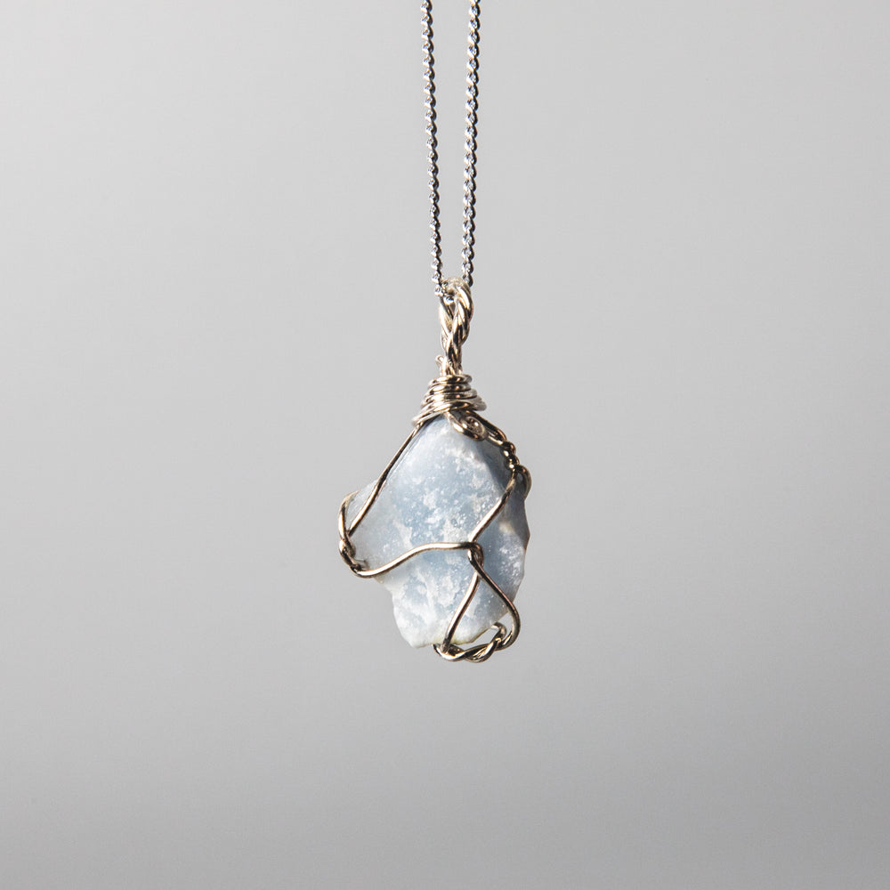 Rough angelite necklace, wire wrapped blue stone pendant, raw crystal jewelry, 925 sterling silver chain, natural gemstone necklace, handcrafted gemstone jewelry