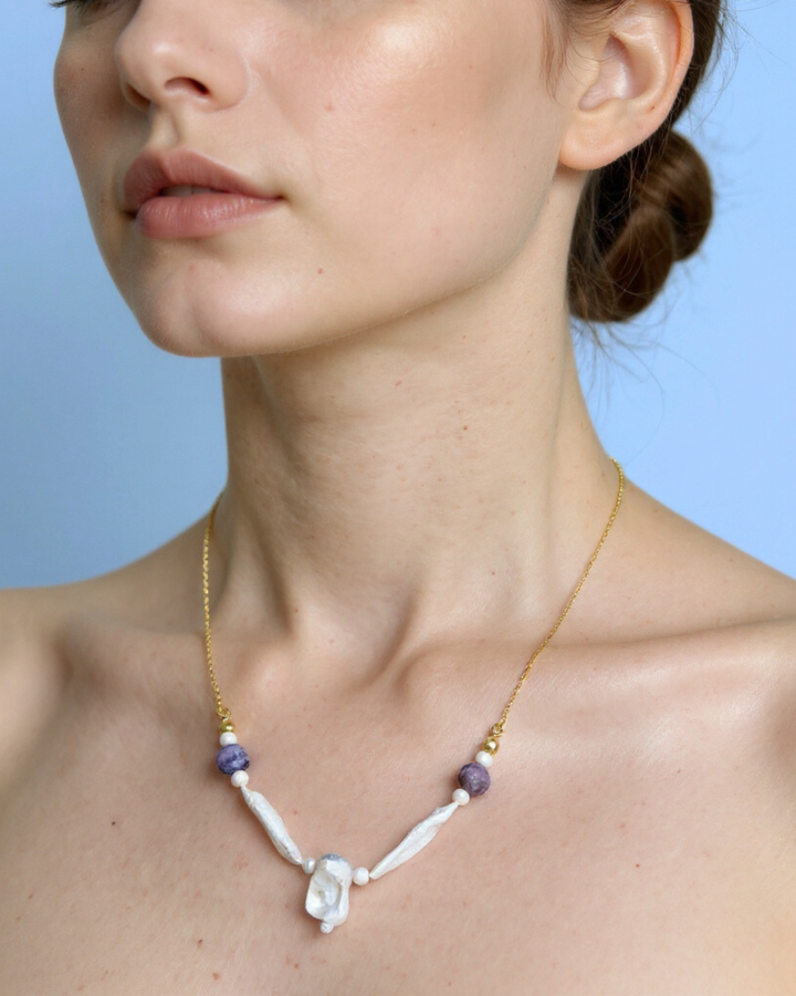 Çeroit ve İnci Kolye, Mor Doğal Taşlı Kolye, Feather & Pearl Collection: No:2