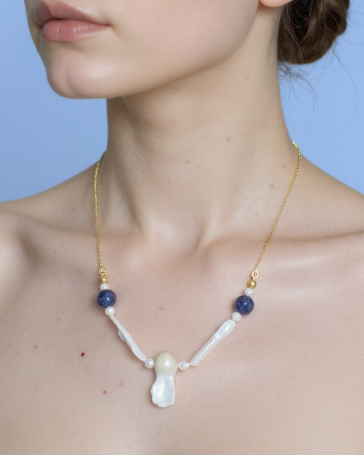 Lapis Lazuli ve İnci Kolye, Mavi Doğal Taşlı Kolye, Feather & Pearl Collection: No:1