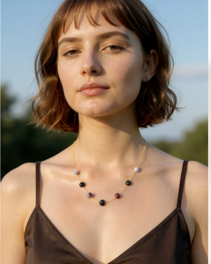 tourmaline necklace, minimal chain necklace with dark stone, 925 silver, handmade crystal jewelry, gemstone necklace