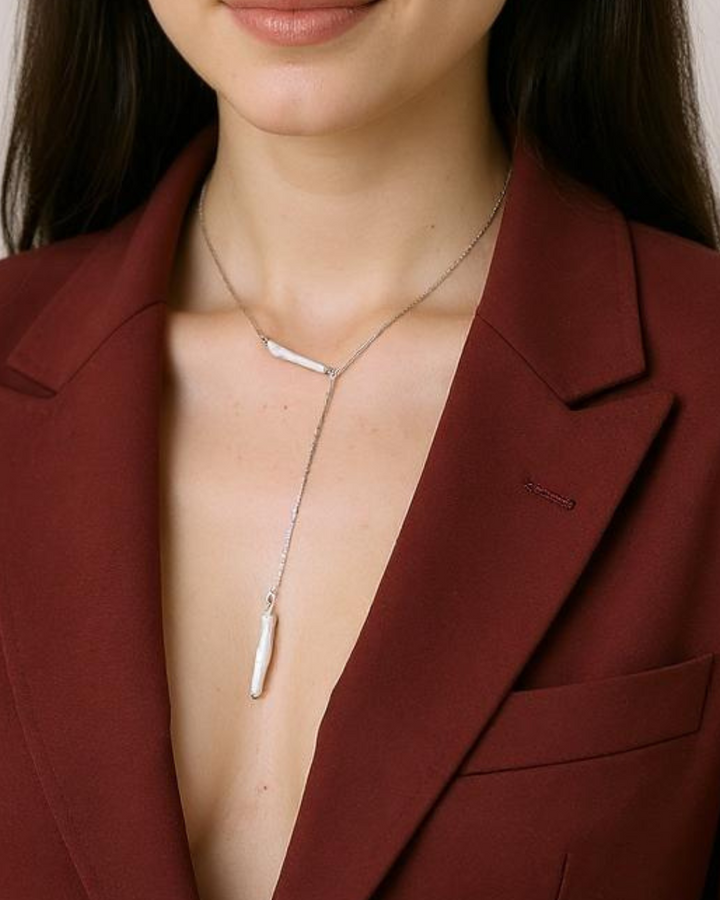 İnci Y Kolye, Beyaz Doğal Taşlı Minimal Kolye, 925 Ayar Gümüş