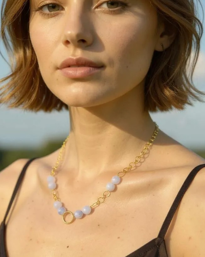 natural chalcedony necklace, chunky chain necklace with blue stone, 925 silver, handmade crystal jewelry, gemstone necklace, statement necklace