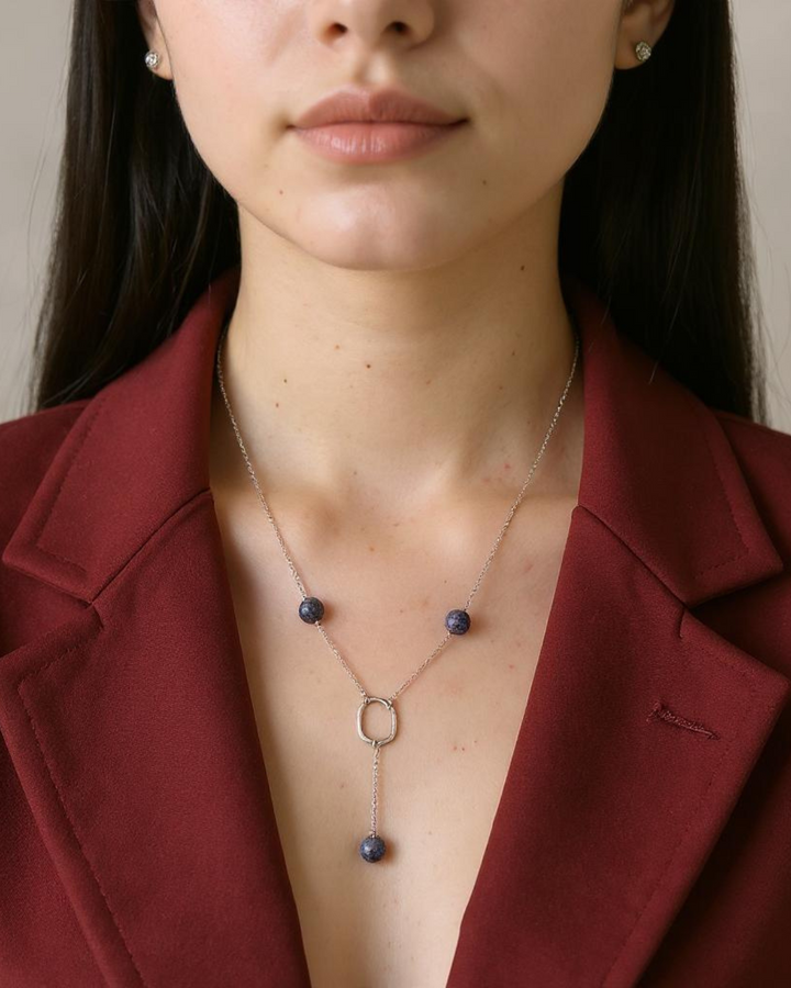 Lapis Lazuli Y Kolye, Mat Koyu Mavi Doğal Taşlı Kolye, 925 Ayar Gümüş