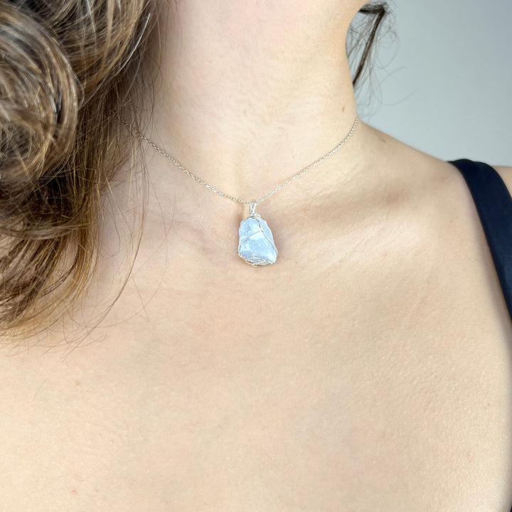 Raw Angelite Necklace, Wire Wrapped with Silver