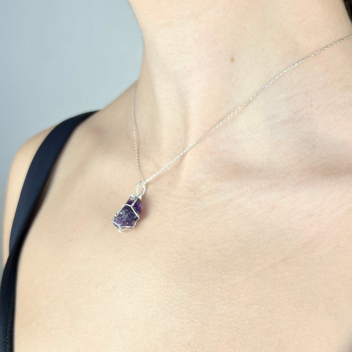 Raw Amethyst Necklace, Wire Wrapped with Silver