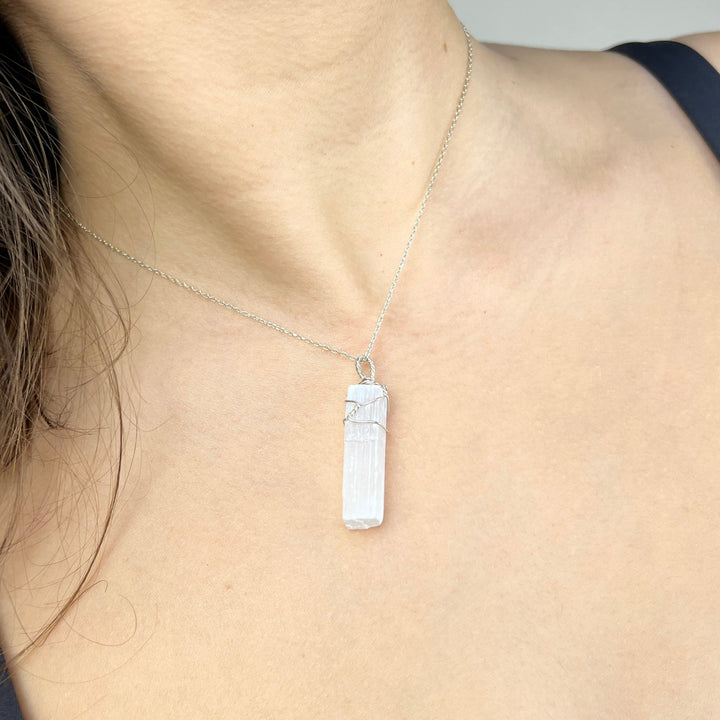 Raw Selenite Necklace, Wire Wrapped with Silver