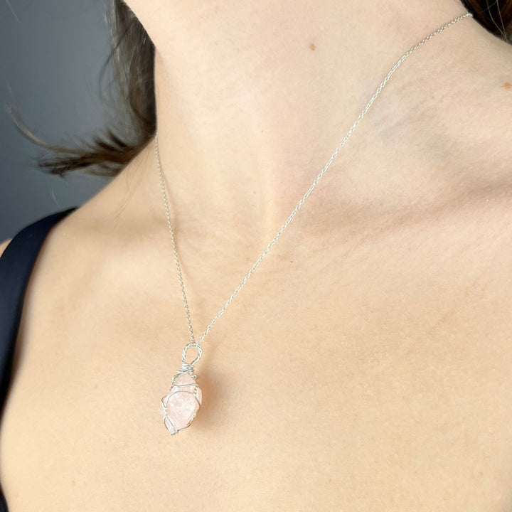 Raw Rose Quartz Necklace, Wire Wrapped with Silver