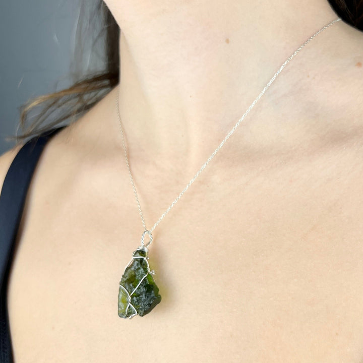 Raw Moldavite Necklace, Wire Wrapped with Silver