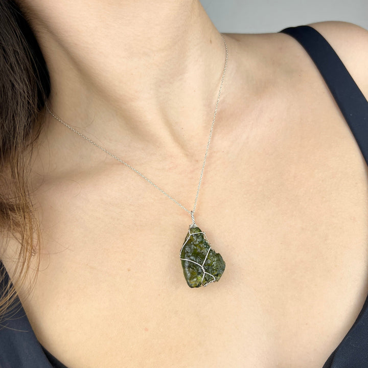 Raw Moldavite Necklace, Wire Wrapped with Silver