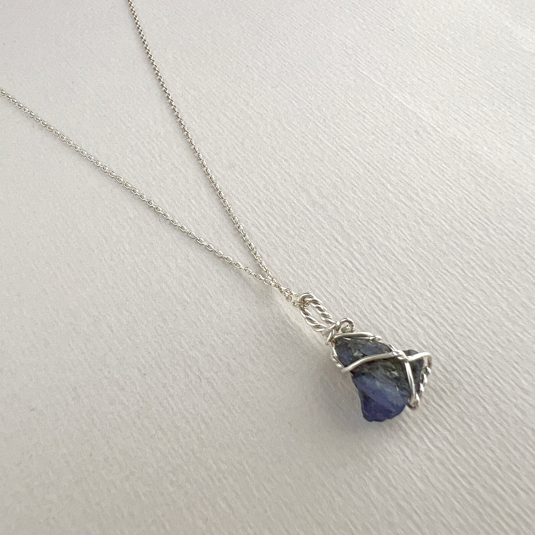 Raw Tanzanite Necklace ,Wire Wrapped with Silver