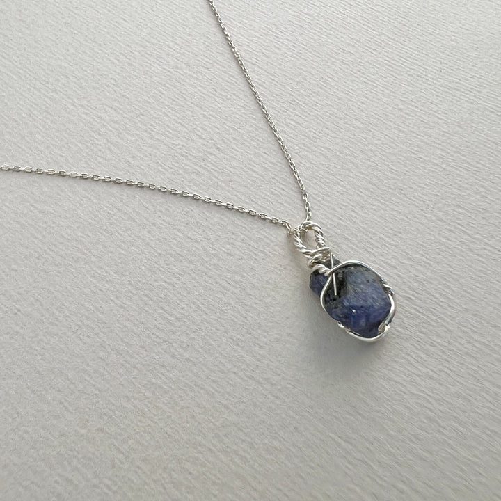 Raw Tanzanite Necklace ,Wire Wrapped with Silver