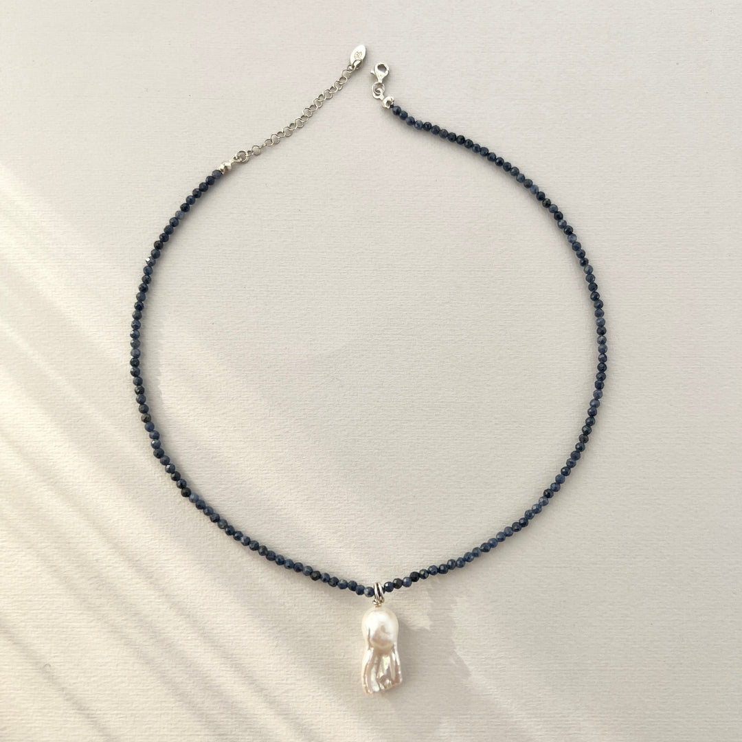 Sapphire Necklace with Baroque Pearl Charm