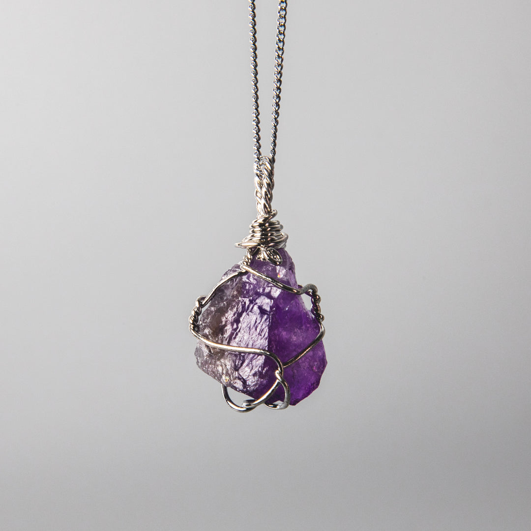 Rough amethyst necklace, wire wrapped purple stone pendant, raw crystal jewelry, 925 sterling silver chain, natural gemstone necklace, handcrafted gemstone jewelry
