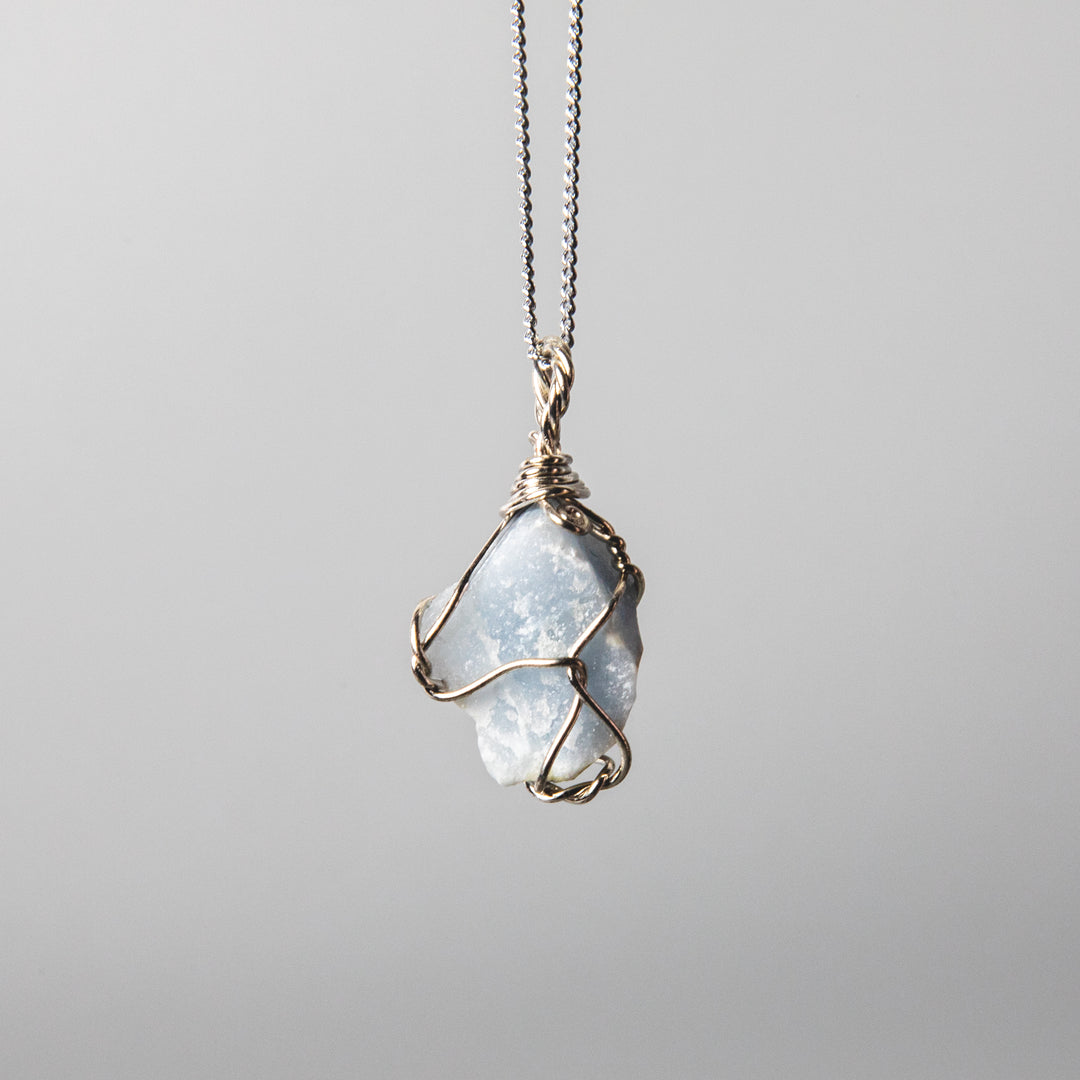 Rough angelite necklace, wire wrapped blue stone pendant, raw crystal jewelry, 925 sterling silver chain, natural gemstone necklace, handcrafted gemstone jewelry
