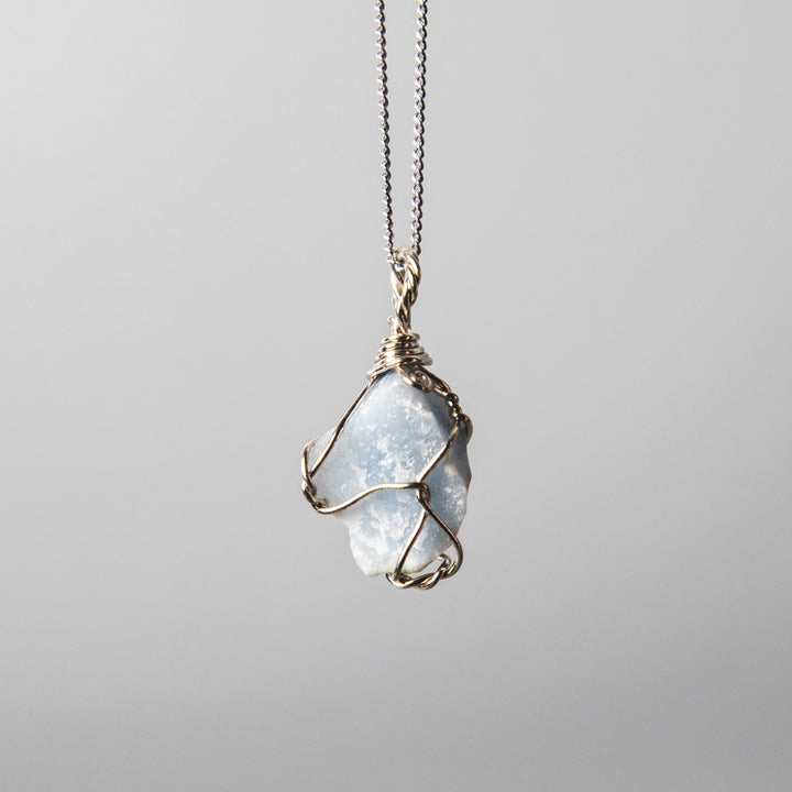 Rough angelite necklace, wire wrapped blue stone pendant, raw crystal jewelry, 925 sterling silver chain, natural gemstone necklace, handcrafted gemstone jewelry