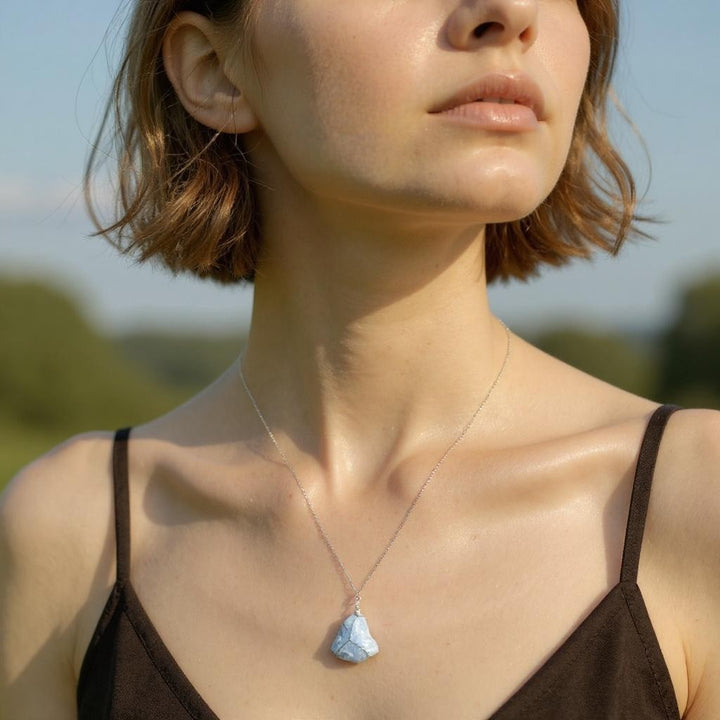 Rough angelite necklace, wire wrapped blue stone pendant, raw crystal jewelry, 925 sterling silver chain, natural gemstone necklace, handcrafted gemstone jewelry