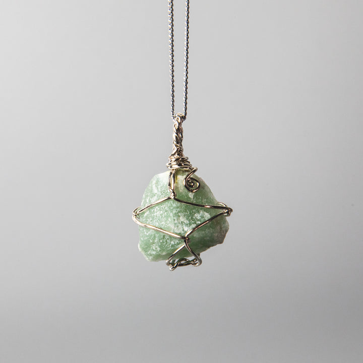 Rough aventurine necklace, wire wrapped green stone pendant, raw crystal jewelry, 925 sterling silver chain, natural gemstone necklace, handcrafted gemstone jewelry