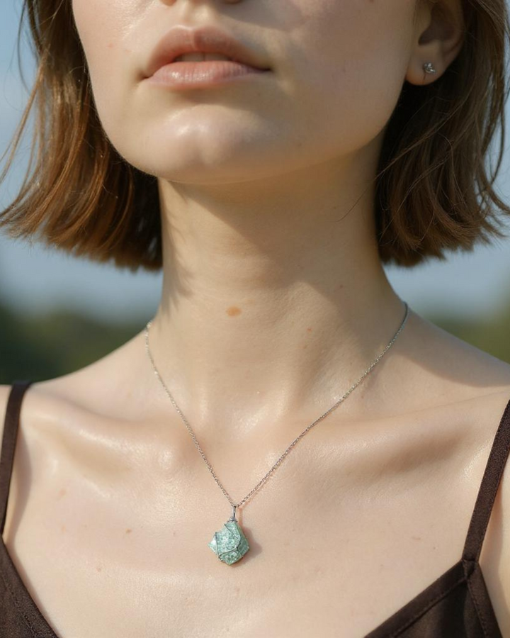Rough aventurine necklace, wire wrapped green stone pendant, raw crystal jewelry, 925 sterling silver chain, natural gemstone necklace, handcrafted gemstone jewelry