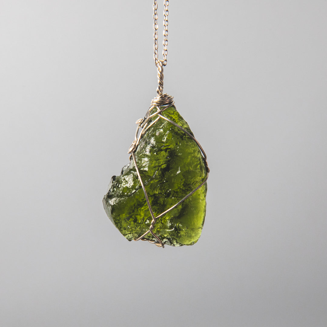 Raw Moldavite Necklace, Wire Wrapped with Silver