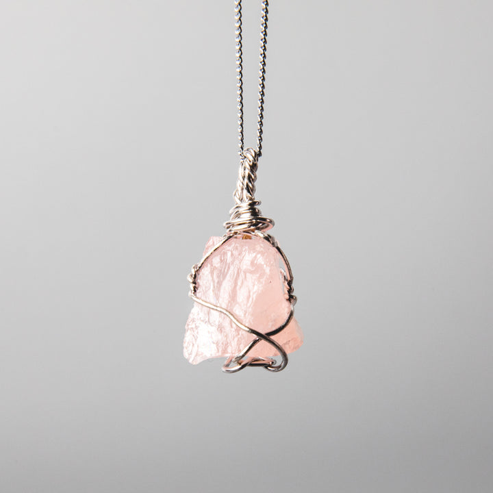 Raw Rose Quartz Necklace, Wire Wrapped with Silver