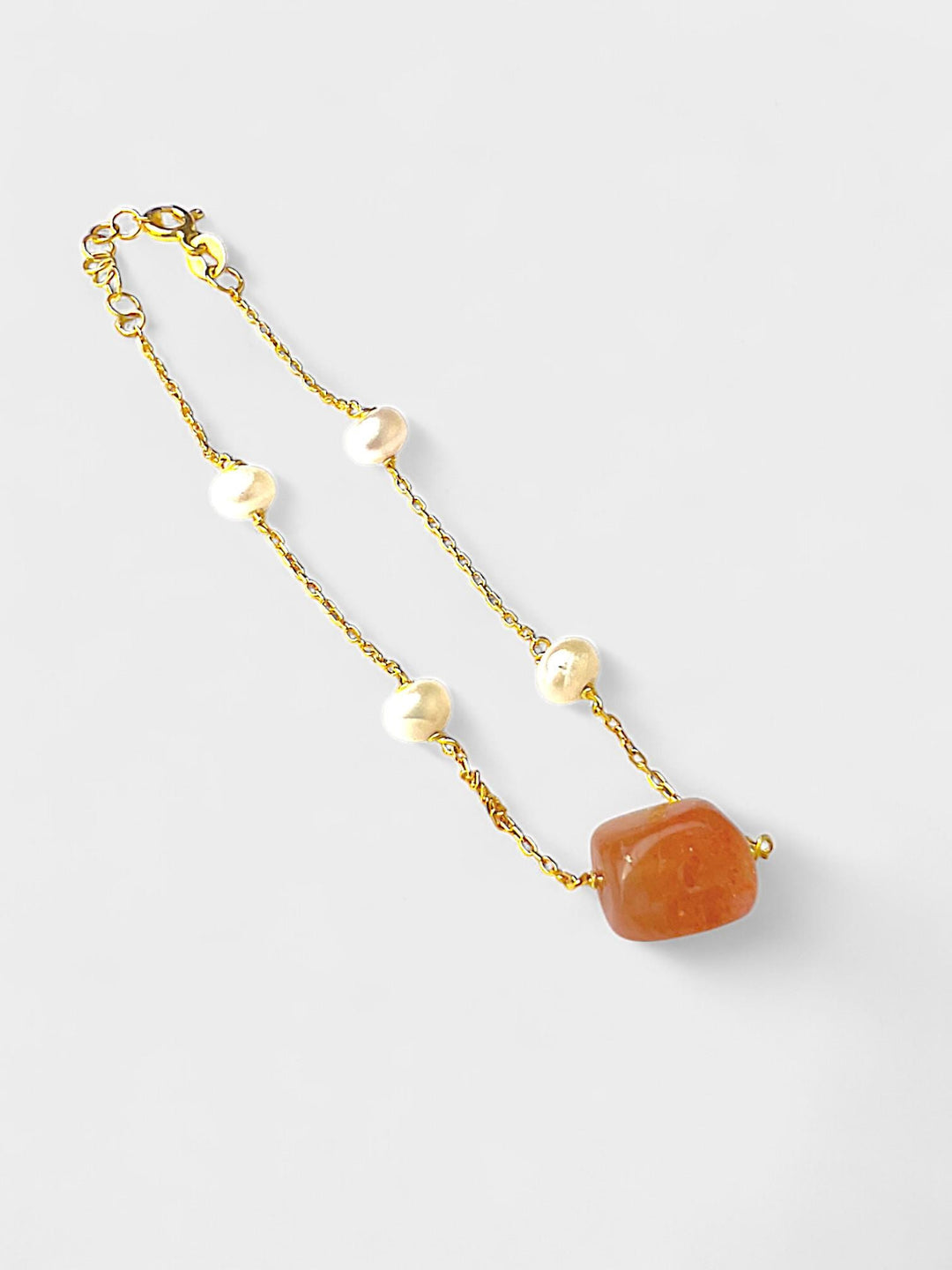 Sunstone and Pearl Bracelet | 14K Gold Plated Sterling Silver | Minimal Natural Gemstone Jewelry | Dainty Gift for Her