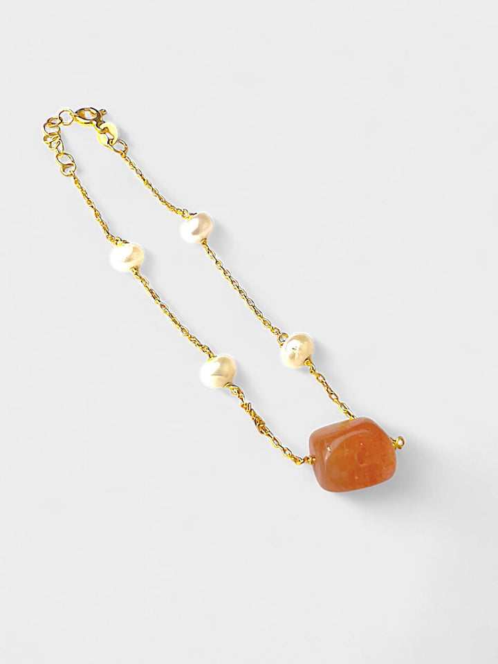 Sunstone and Pearl Bracelet | 14K Gold Plated Sterling Silver | Minimal Natural Gemstone Jewelry | Dainty Gift for Her