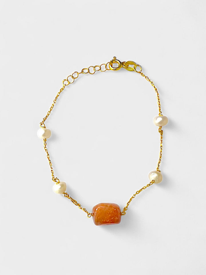 Sunstone and Pearl Bracelet | 14K Gold Plated Sterling Silver | Minimal Natural Gemstone Jewelry | Dainty Gift for Her