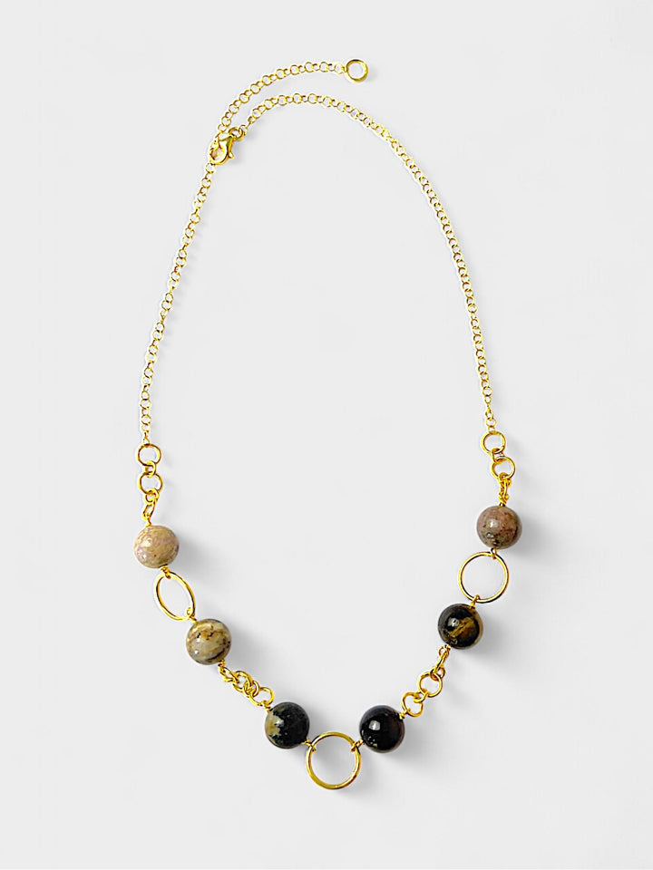 Tourmaline Beaded Necklace | 12mm Natural Gemstone Necklace | 14K Gold Plated Sterling Silver | Earthy Statement Jewelry