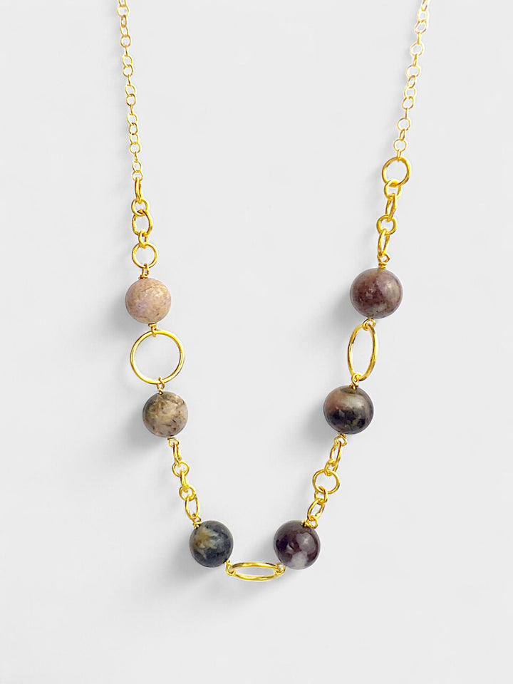 Tourmaline Beaded Necklace | 12mm Natural Gemstone Necklace | 14K Gold Plated Sterling Silver | Earthy Statement Jewelry