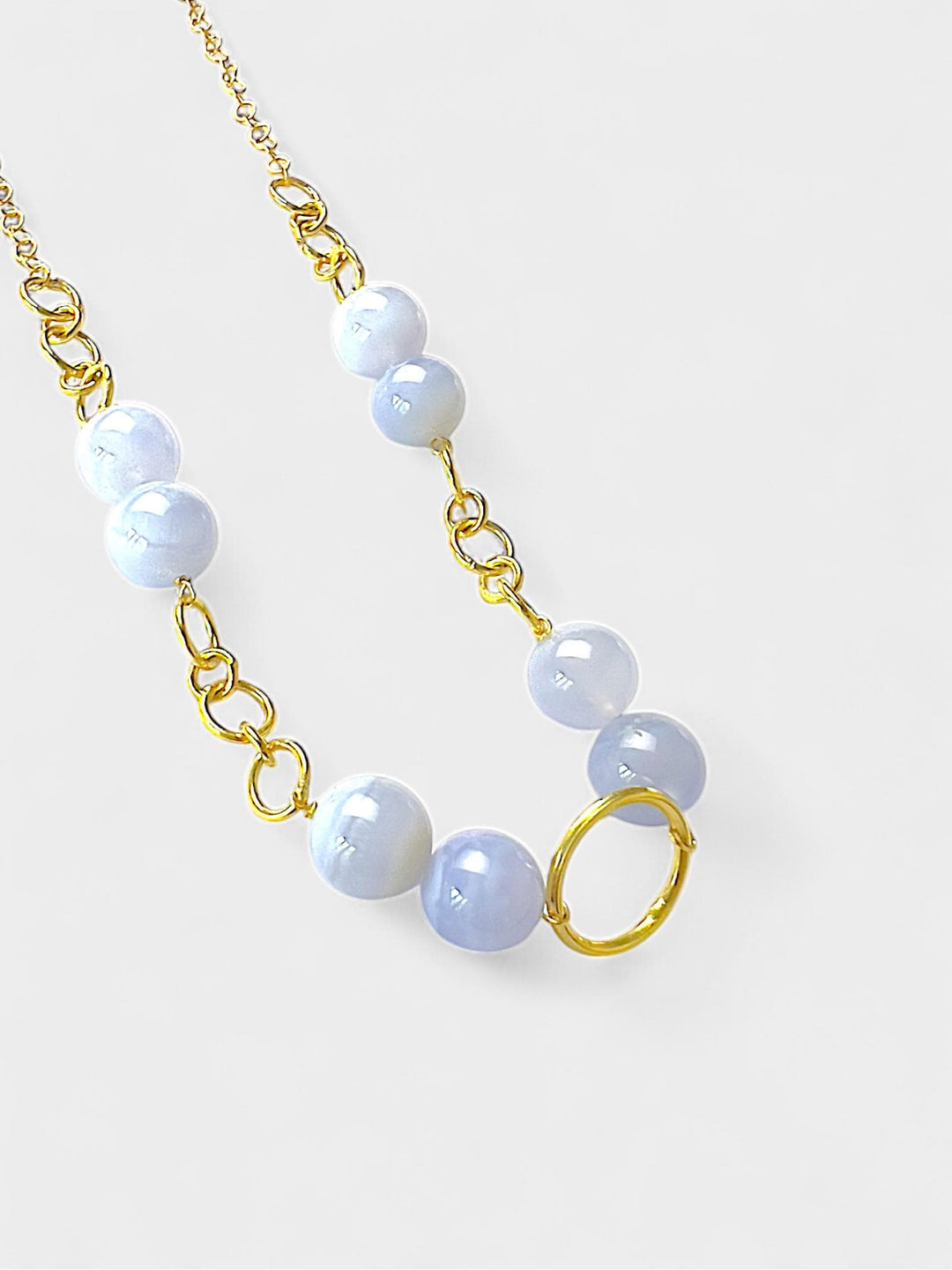 Chalcedony Beaded Necklace | 10mm Light Blue Gemstone Necklace | 14K Gold Plated Sterling Silver | Natural Stone Jewelry