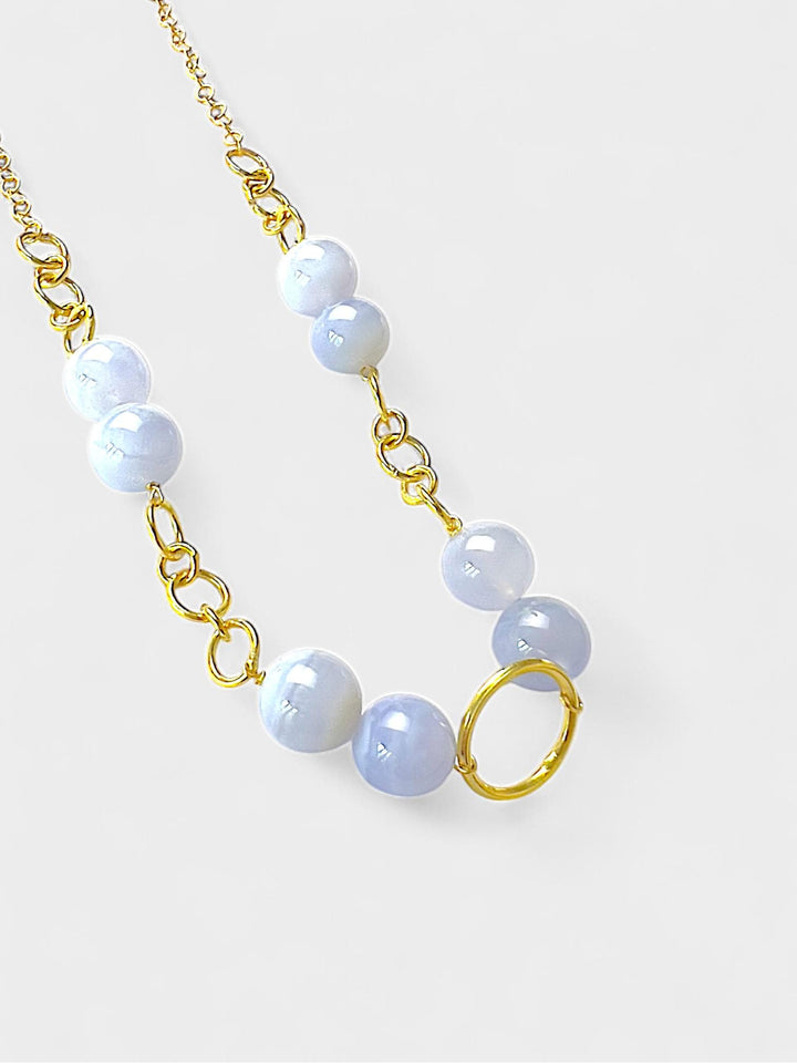 Chalcedony Beaded Necklace | 10mm Light Blue Gemstone Necklace | 14K Gold Plated Sterling Silver | Natural Stone Jewelry