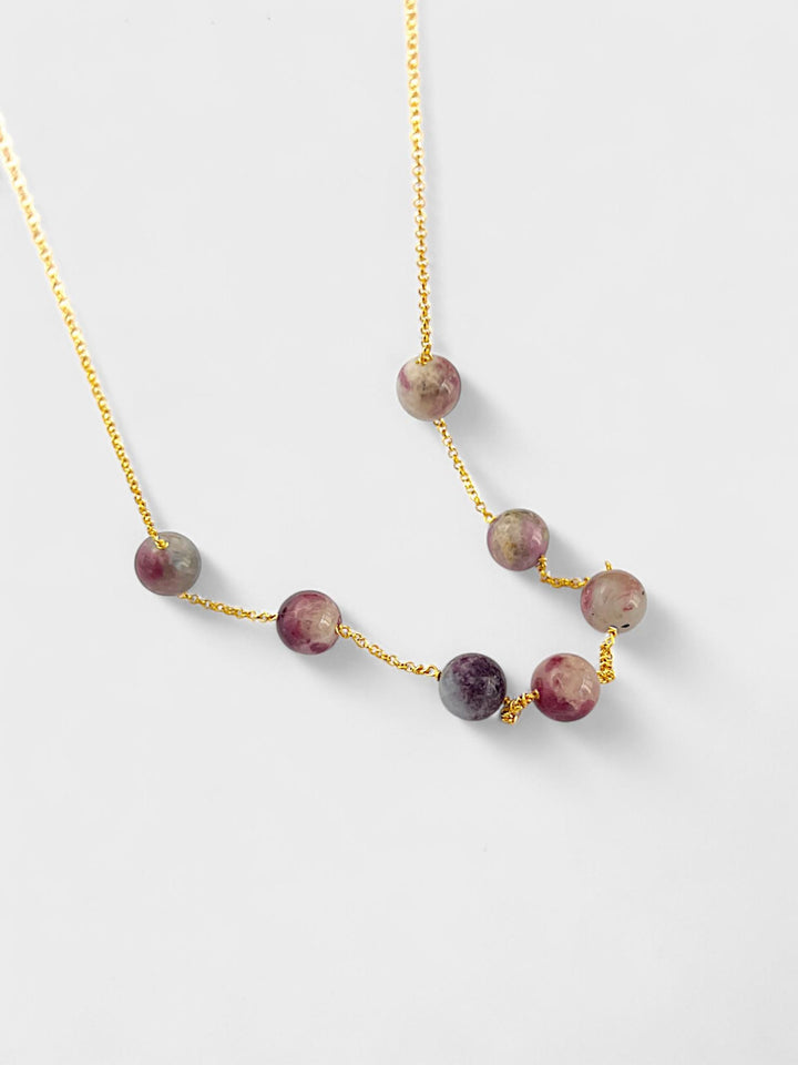 Tourmaline Necklace | 14K Gold Plated Sterling Silver | 8mm Beaded Gemstone Jewelry | Minimal Natural Gemstone Jewelry