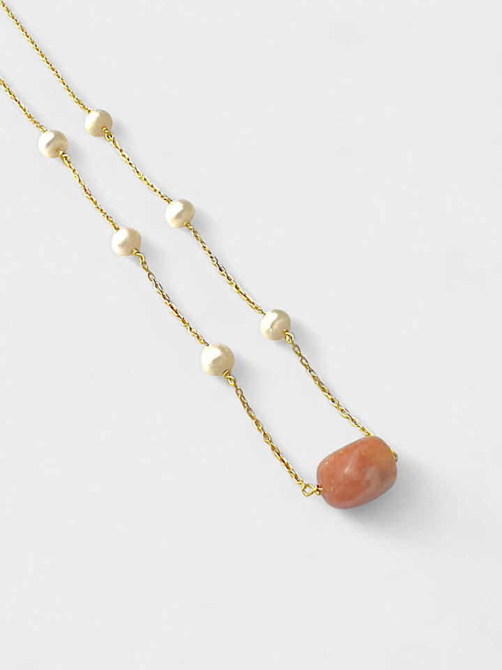 Sunstone and Pearl Necklace | 14K Gold Plated Sterling Silver | Minimal Natural Gemstone Jewelry | Dainty Gift for Her