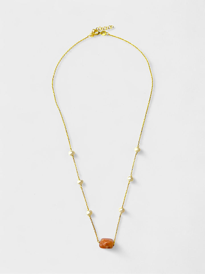 Sunstone and Pearl Necklace | 14K Gold Plated Sterling Silver | Minimal Natural Gemstone Jewelry | Dainty Gift for Her