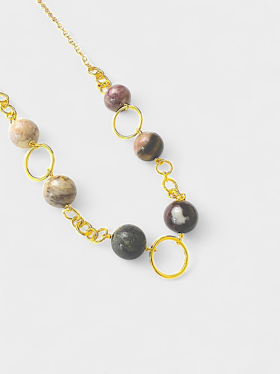 Tourmaline Beaded Necklace | 12mm Natural Gemstone Necklace | 14K Gold Plated Sterling Silver | Earthy Statement Jewelry