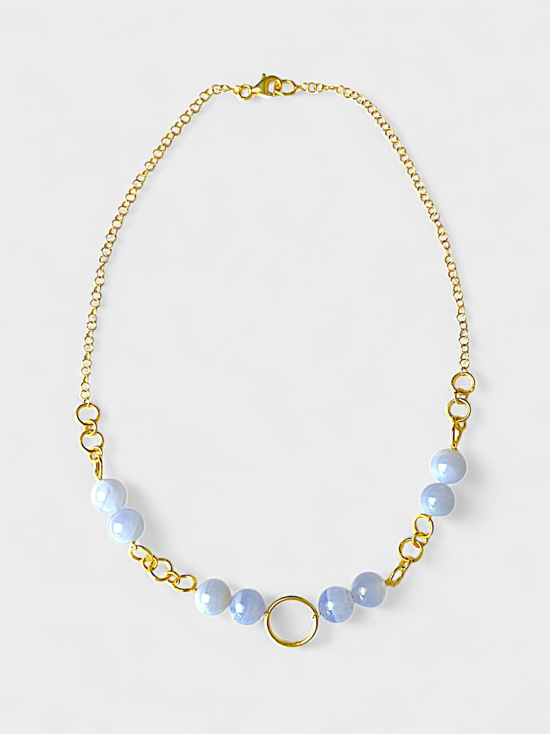 Chalcedony Beaded Necklace | 10mm Light Blue Gemstone Necklace | 14K Gold Plated Sterling Silver | Natural Stone Jewelry