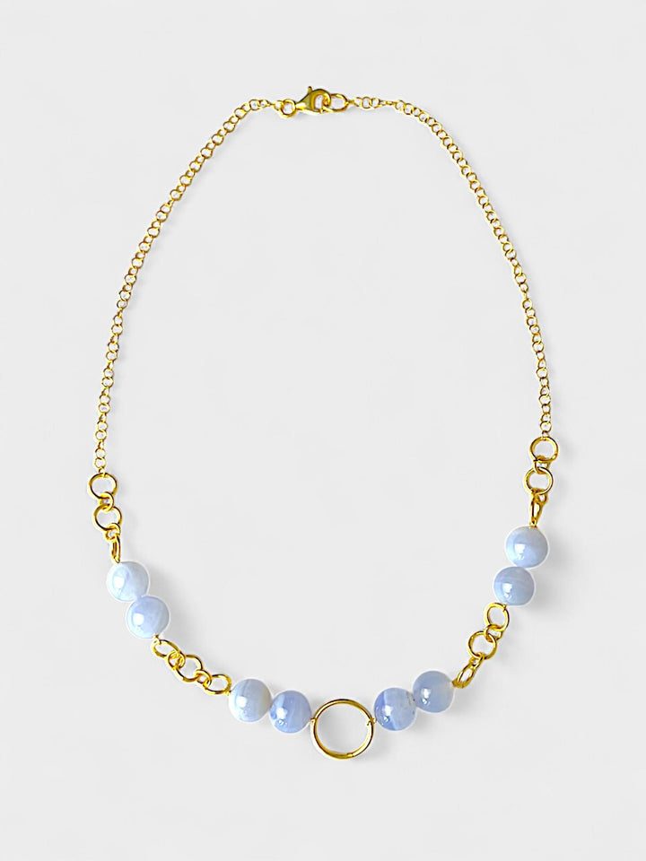 Chalcedony Beaded Necklace | 10mm Light Blue Gemstone Necklace | 14K Gold Plated Sterling Silver | Natural Stone Jewelry
