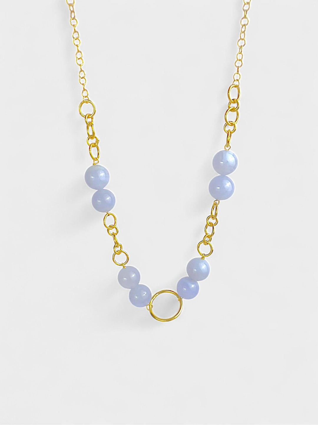 Chalcedony Beaded Necklace | 10mm Light Blue Gemstone Necklace | 14K Gold Plated Sterling Silver | Natural Stone Jewelry