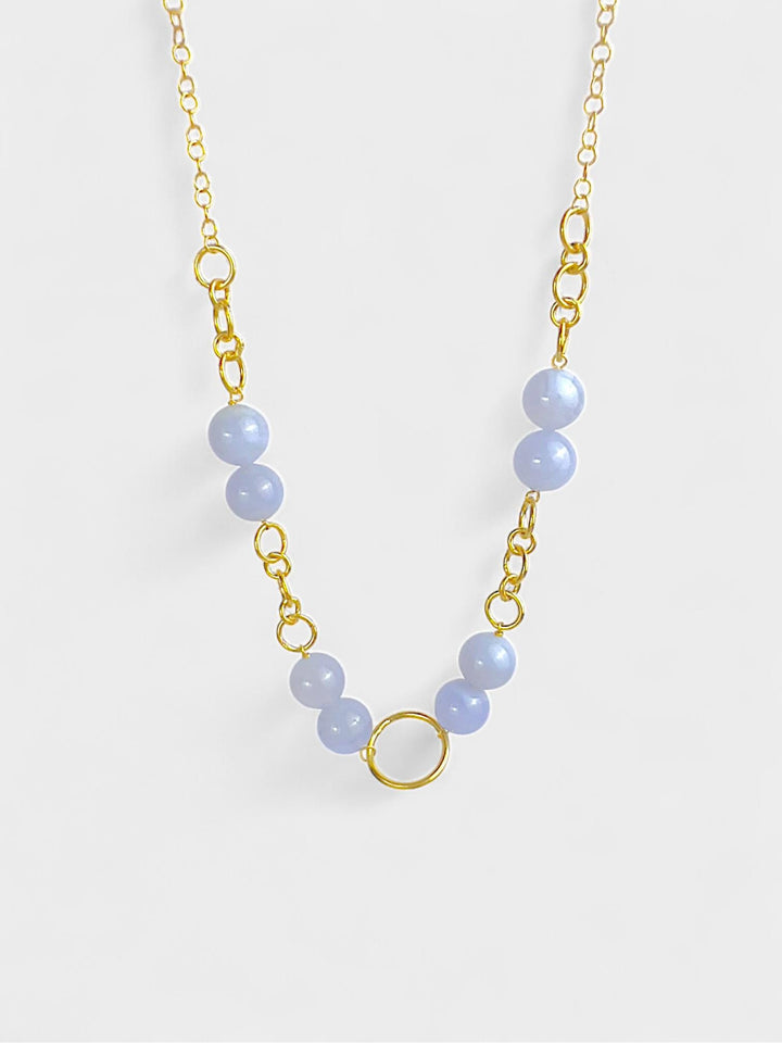 Chalcedony Beaded Necklace | 10mm Light Blue Gemstone Necklace | 14K Gold Plated Sterling Silver | Natural Stone Jewelry