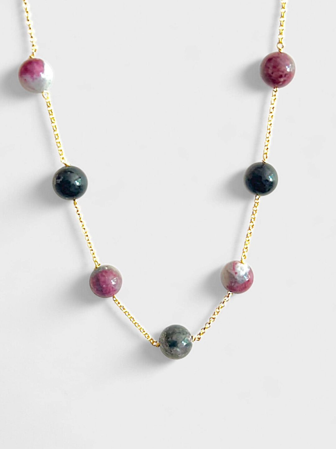 Tourmaline Necklace | 14K Gold Plated Sterling Silver | 8mm Beaded Gemstone Jewelry | Minimal Natural Gemstone Jewelry