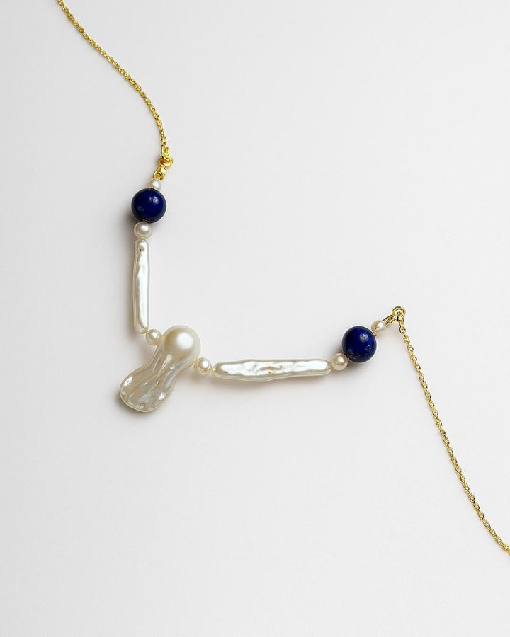 Lapis Lazuli ve İnci Kolye, Mavi Doğal Taşlı Kolye, Feather & Pearl Collection: No:1