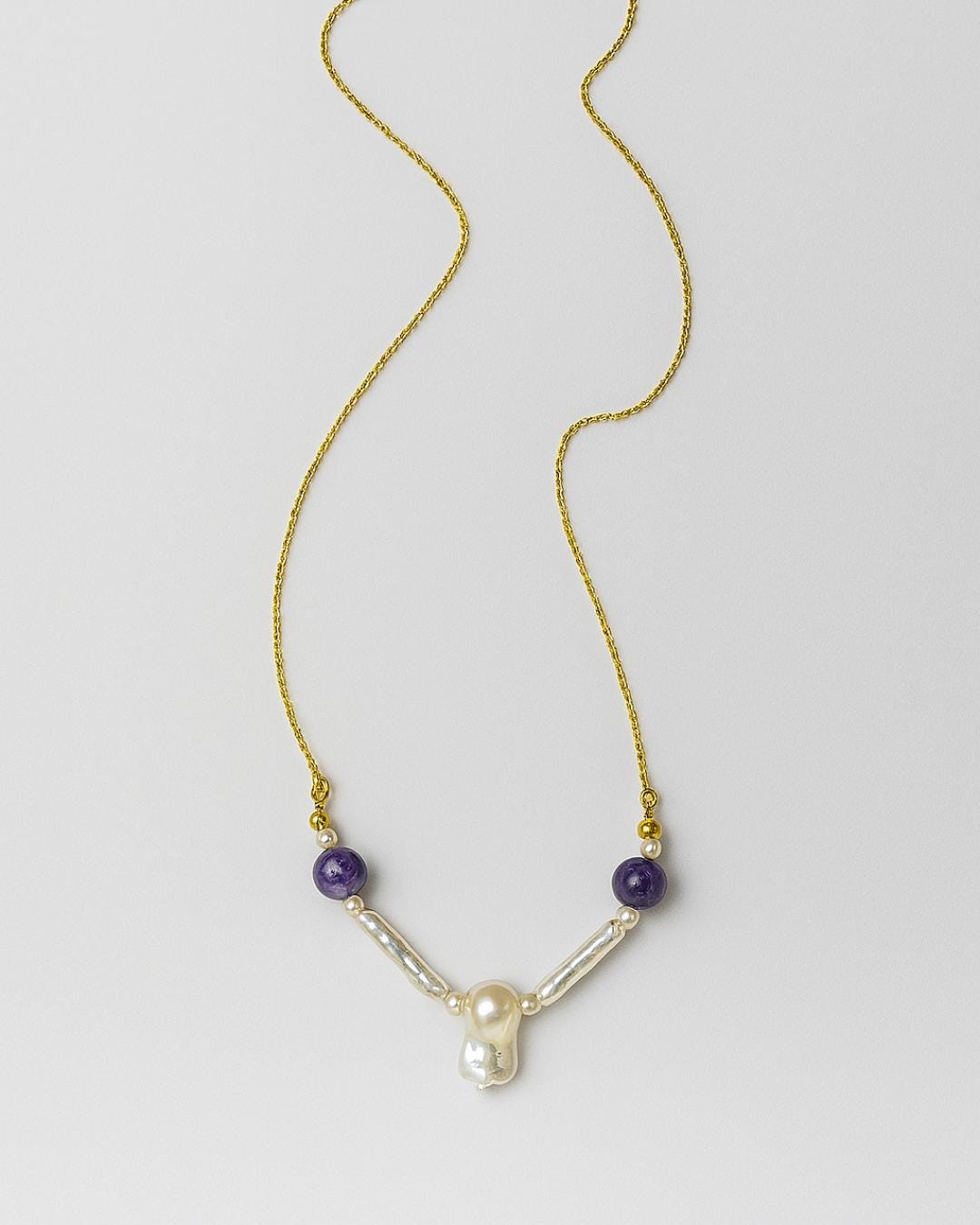 Çeroit ve İnci Kolye, Mor Doğal Taşlı Kolye, Feather & Pearl Collection: No:2
