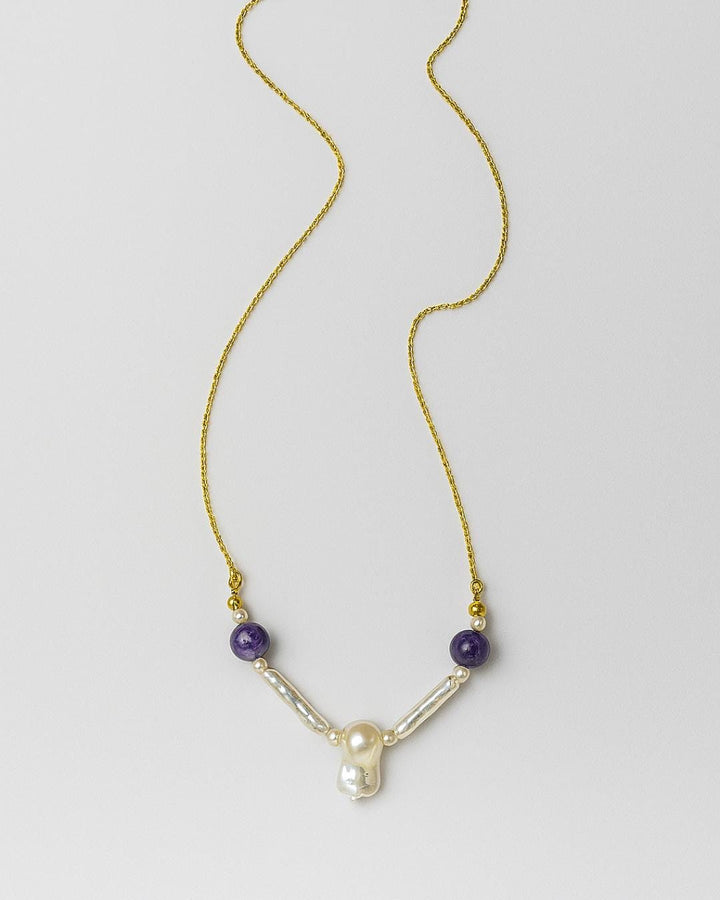 Çeroit ve İnci Kolye, Mor Doğal Taşlı Kolye, Feather & Pearl Collection: No:2