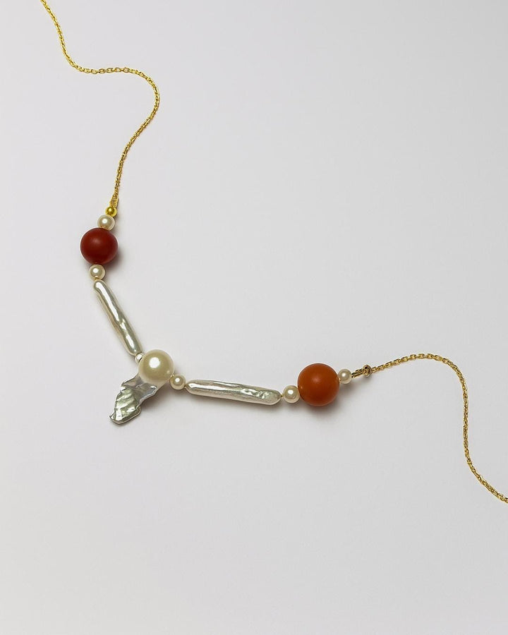 Jasper ve İnci Kolye, Kırmızı Doğal Taşlı Kolye, Feather & Pearl Collection: No:3