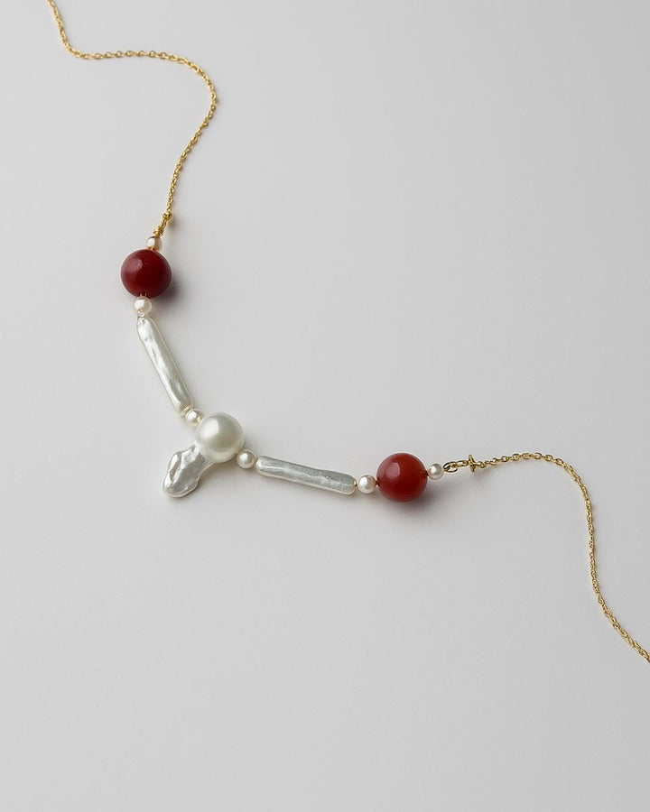 Jasper ve İnci Kolye, Kırmızı Doğal Taşlı Kolye, Feather & Pearl Collection: No:3