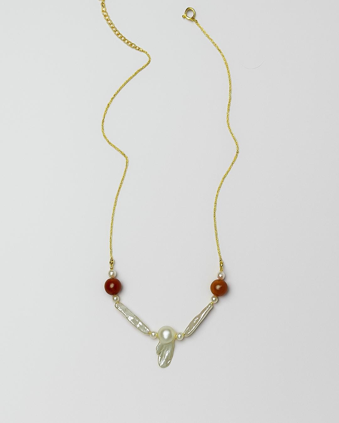 Jasper ve İnci Kolye, Kırmızı Doğal Taşlı Kolye, Feather & Pearl Collection: No:3