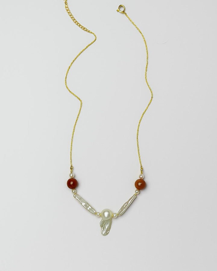 Jasper ve İnci Kolye, Kırmızı Doğal Taşlı Kolye, Feather & Pearl Collection: No:3