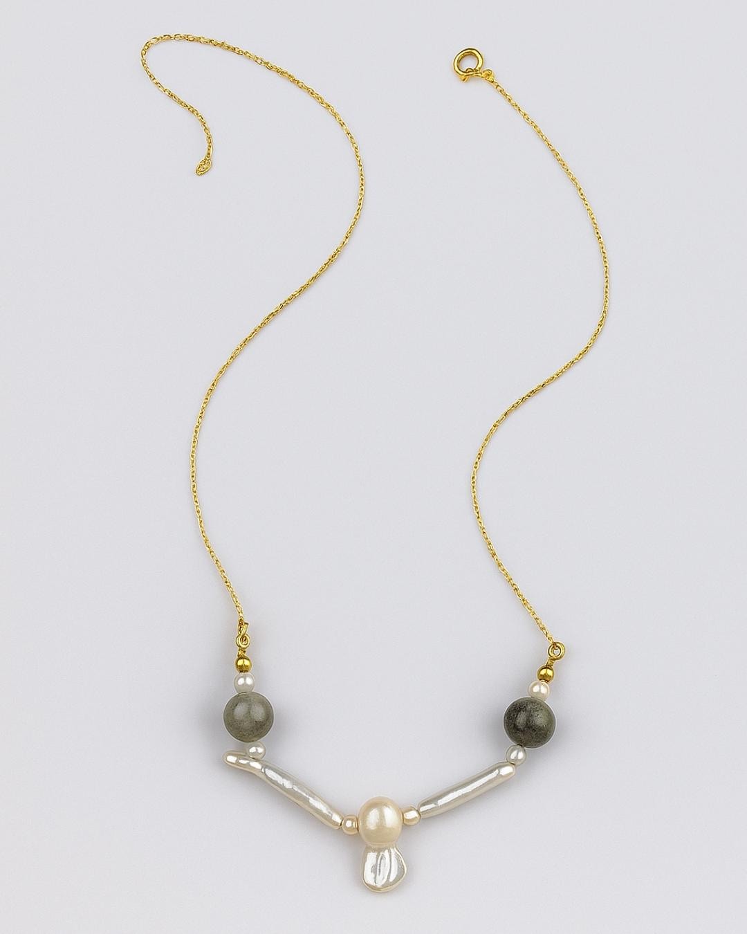 Labradorit ve İnci Kolye, Doğal Taşlı Kolye, Feather & Pearl Collection: No:4