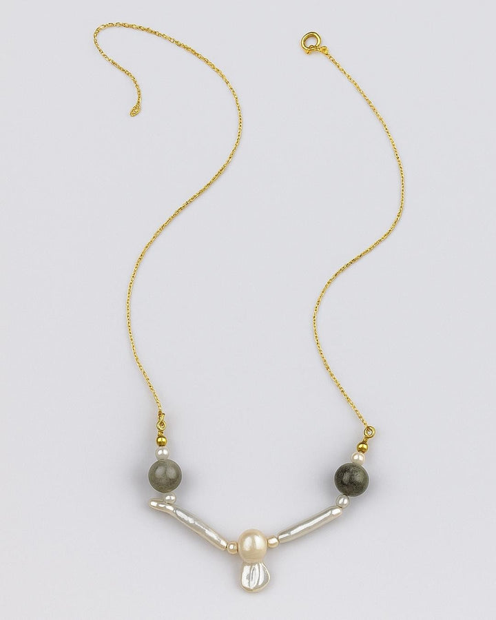 Labradorit ve İnci Kolye, Doğal Taşlı Kolye, Feather & Pearl Collection: No:4