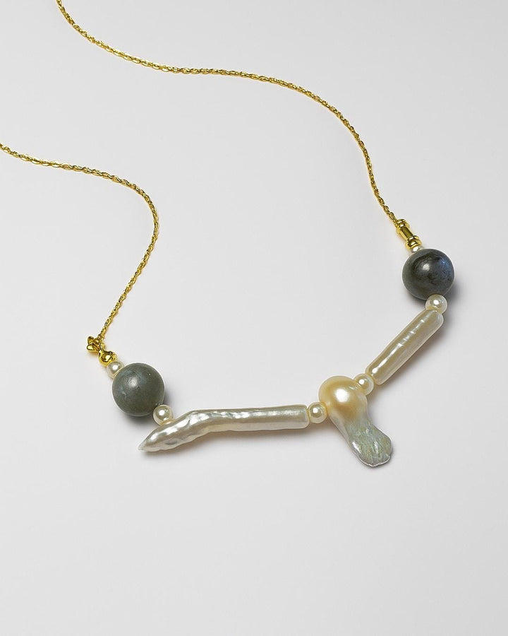 Labradorit ve İnci Kolye, Doğal Taşlı Kolye, Feather & Pearl Collection: No:4